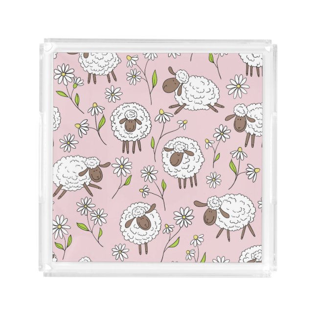 Counting sheep on cotton candy pink acrylic tray (Front)