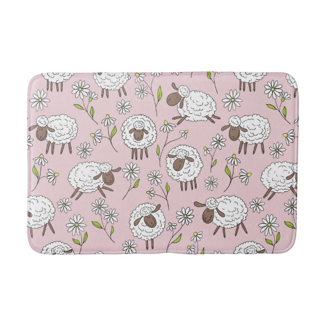 Counting sheep on cotton candy pink bath mat (Front)