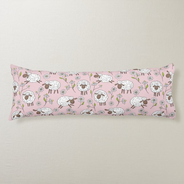 Counting sheep on cotton candy pink body pillow (Front)