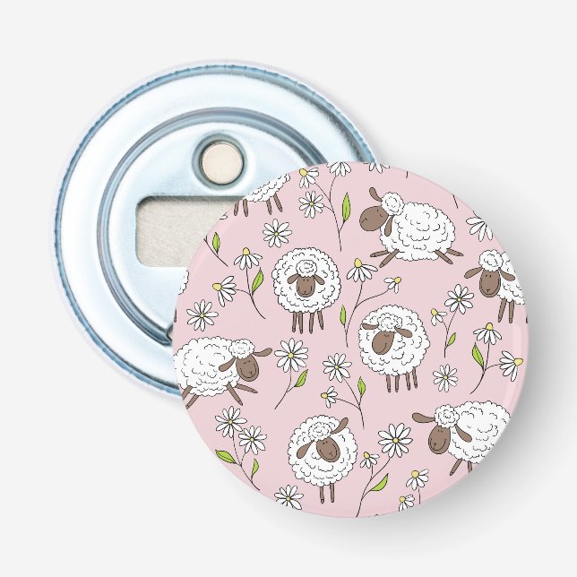 Counting sheep on cotton candy pink bottle opener (Front)