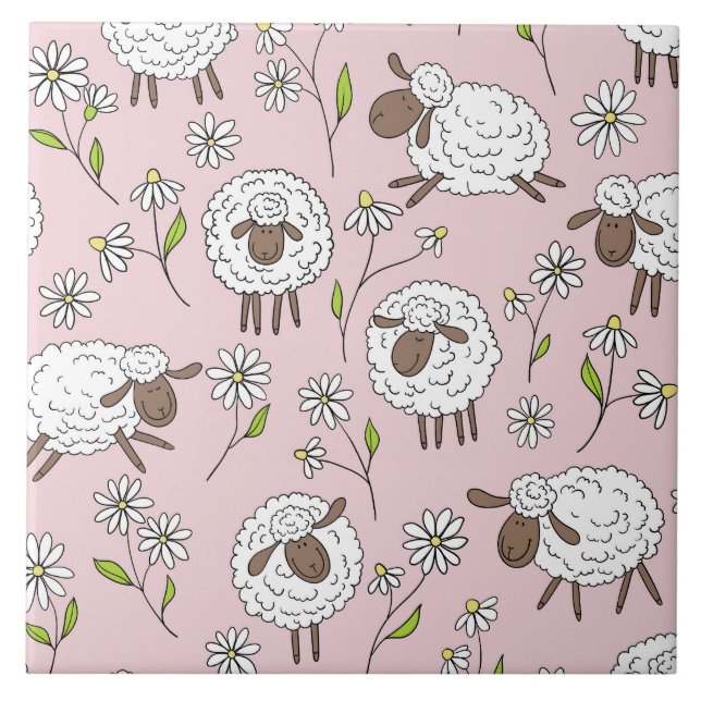 Counting sheep on cotton candy pink ceramic tile (Front)