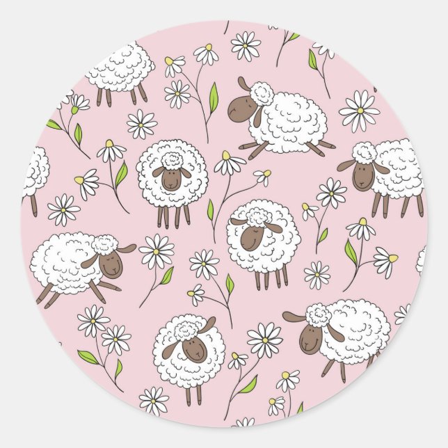 Counting sheep on cotton candy pink classic round sticker (Front)