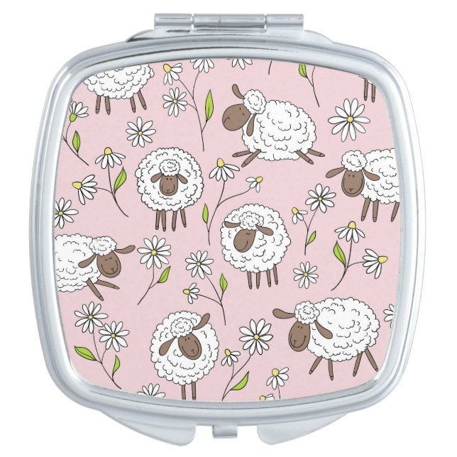 Counting sheep on cotton candy pink compact mirror (Front)
