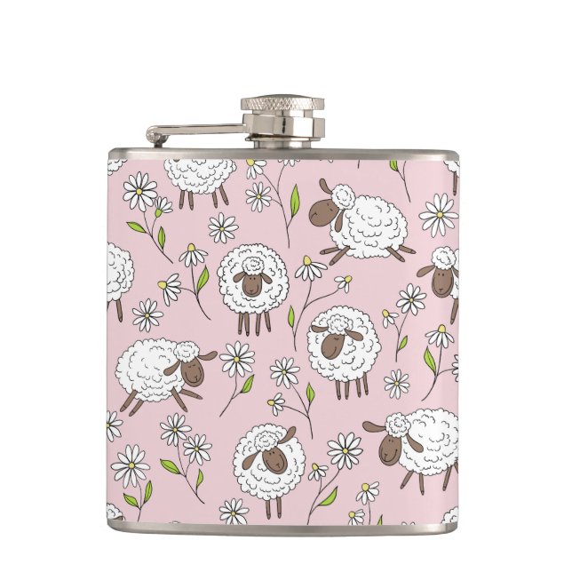 Counting sheep on cotton candy pink flask (Front)