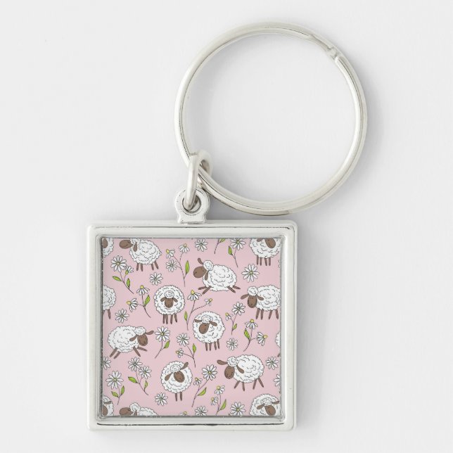 Counting sheep on cotton candy pink keychain (Front)