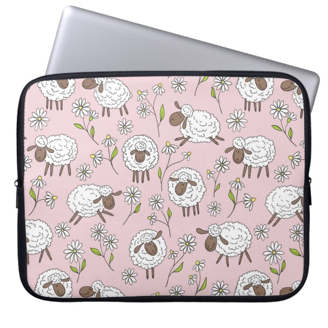 Counting sheep on cotton candy pink laptop sleeve (Front)