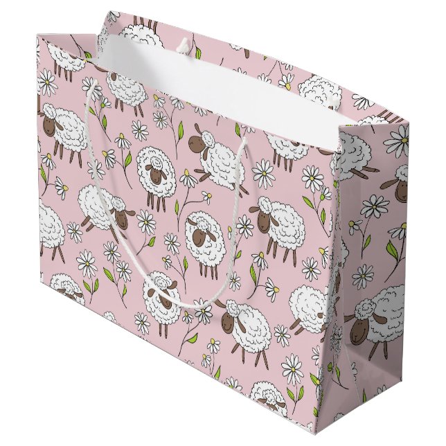 Counting sheep on cotton candy pink large gift bag (Back Angled)