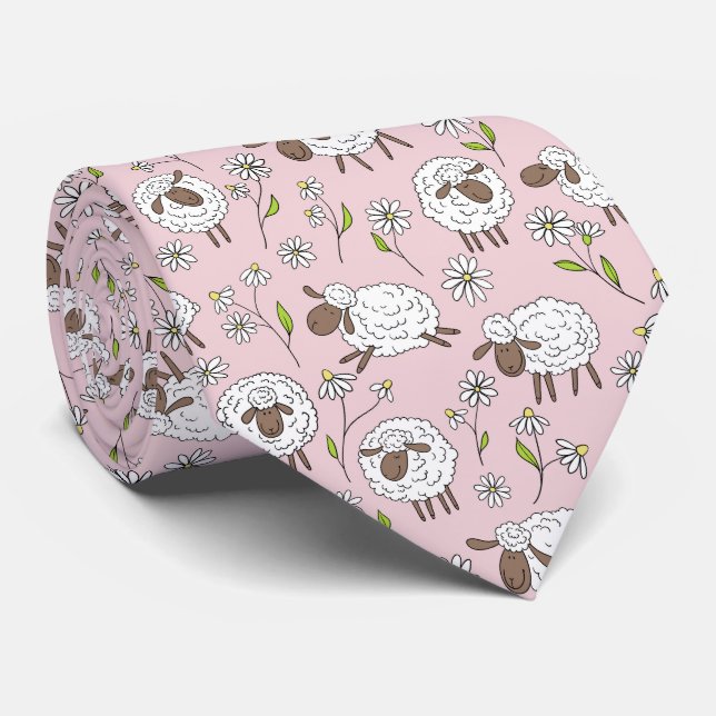 Counting sheep on cotton candy pink neck tie (Rolled)