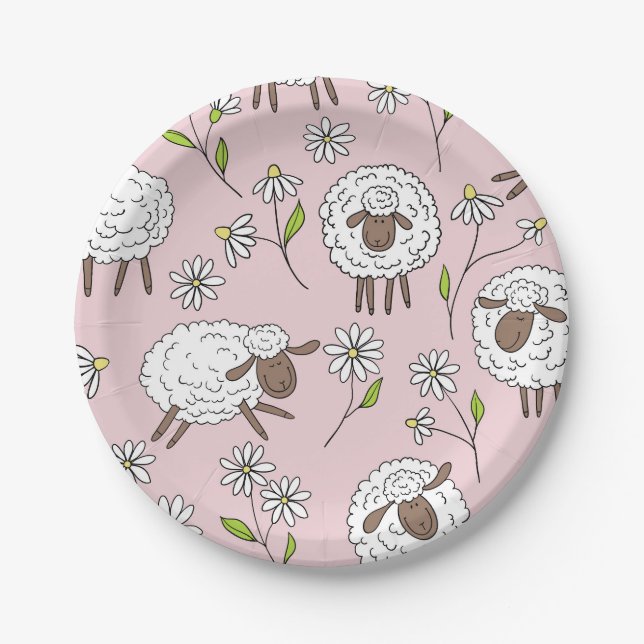 Counting sheep on cotton candy pink paper plates (Front)