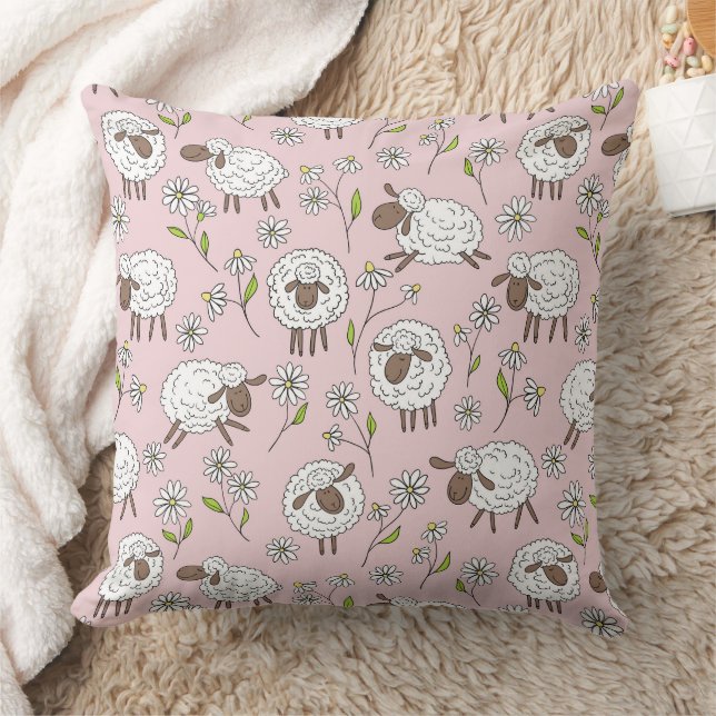 Counting sheep on cotton candy pink throw pillow (Blanket)