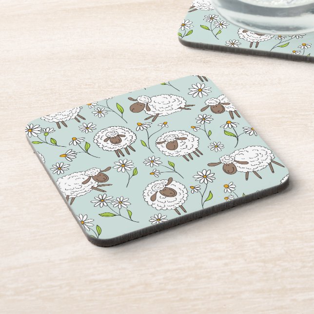 Counting sheep on sea glass blue beverage coaster (Left Side)
