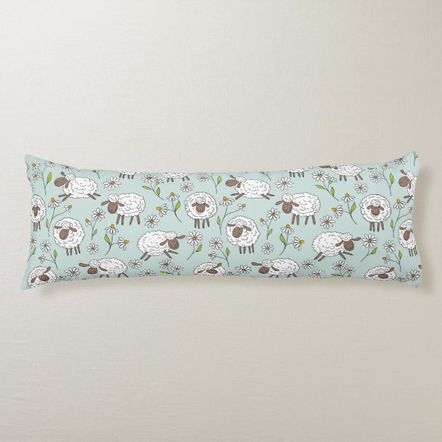 Counting sheep on sea glass blue body pillow (Front)