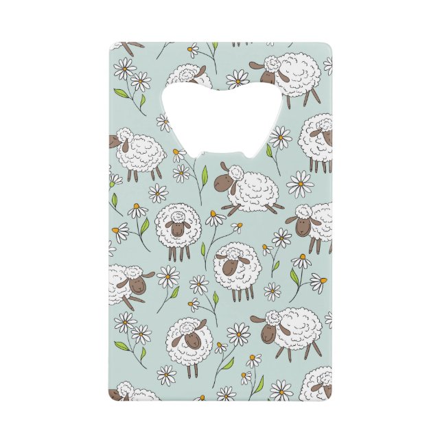 Counting sheep on sea glass blue credit card bottle opener (Front)