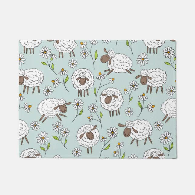 Counting sheep on sea glass blue doormat (Front)