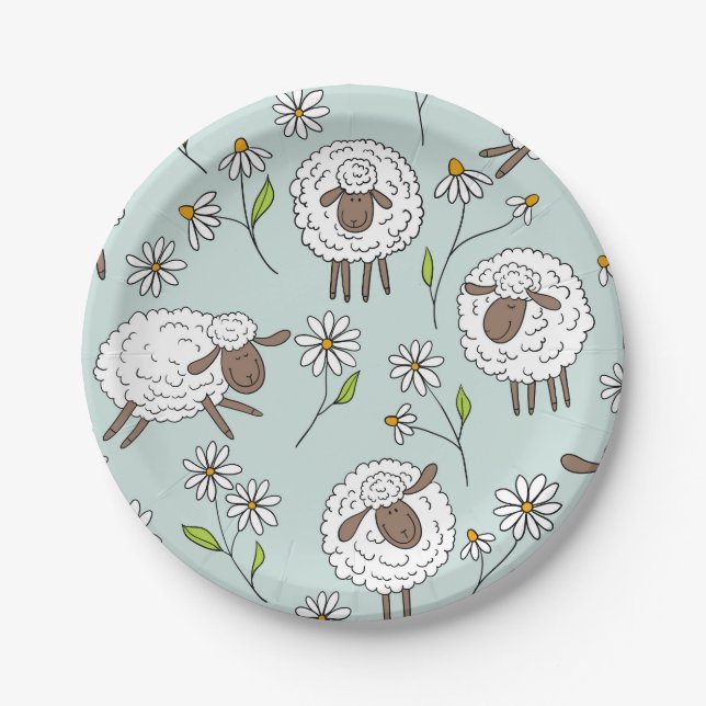 Counting sheep on sea glass blue paper plates (Front)