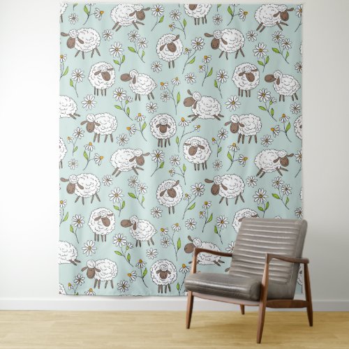 Counting sheep on sea glass blue tapestry