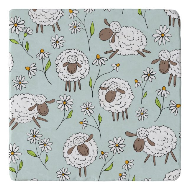 Counting sheep on sea glass blue trivet (Front)