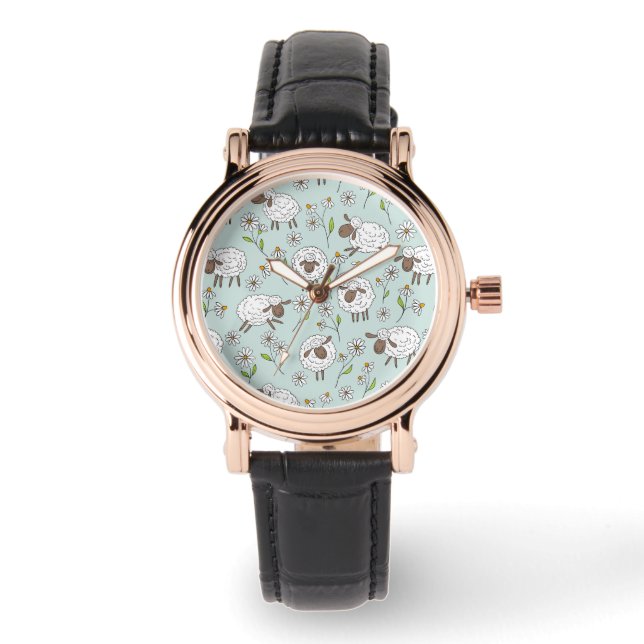 Counting sheep on sea glass blue watch (Front)