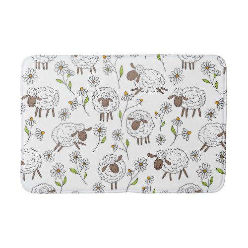 Counting sheep on white bath mat