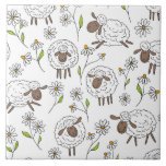 Counting sheep on white ceramic tile<br><div class="desc">Hand-painted cute doodle sheeps and daisies</div>