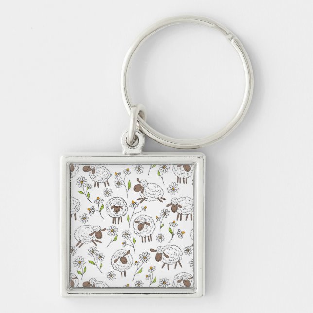 Counting sheep on white keychain (Front)