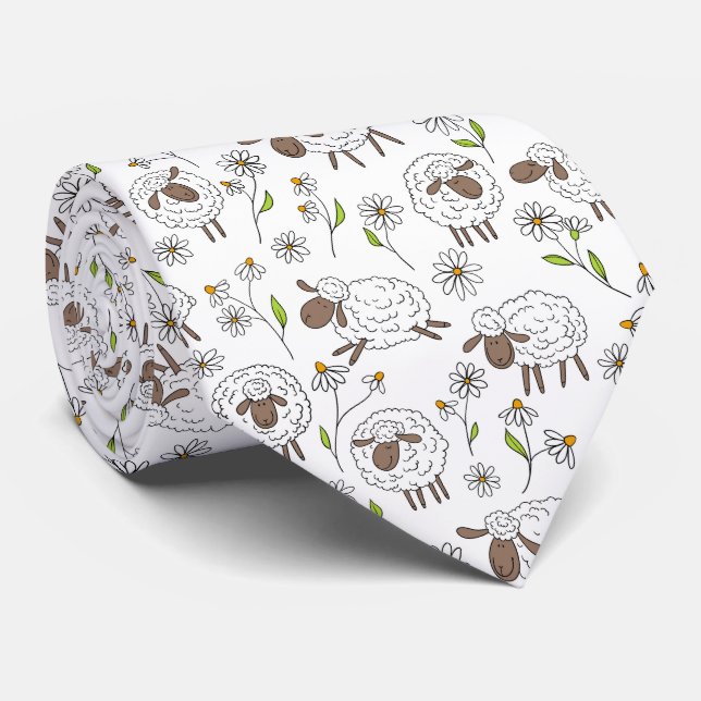 Counting sheep on white neck tie (Rolled)