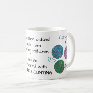 Counting stitches, knitting humor, with your name coffee mug
