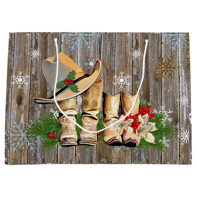 Country and Western Cowboy Boots Christmas Large Gift Bag (Front)