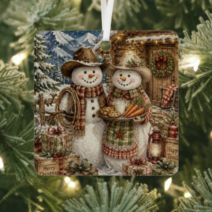 Country and Western Cowboy Snowmen Christmas Metal Ornament