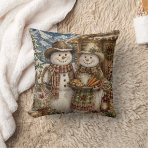 Country and Western Cowboy Snowmen Christmas Plaid Throw Pillow