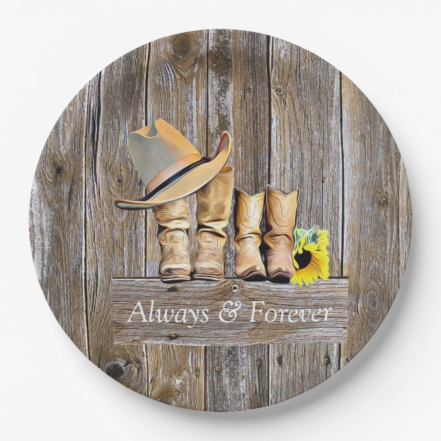 Country and Western Rustic Cowboy Boots Sunflowers Paper Plates (Front)