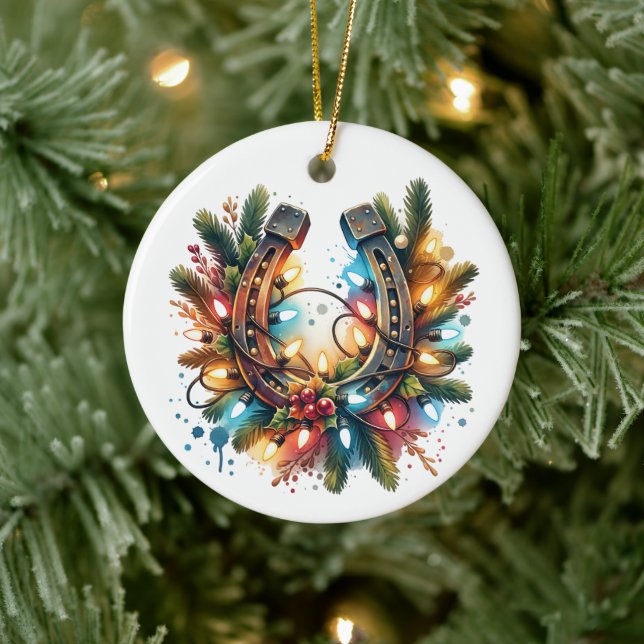 Country and Western Rustic Horseshoe Christmas Ceramic Ornament (Tree)