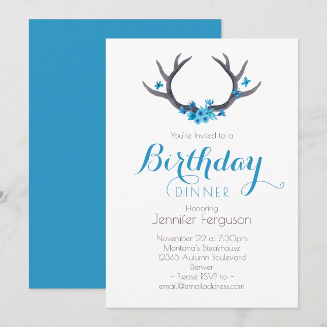 Country Antlers Blue Birthday Invitation (Front/Back)