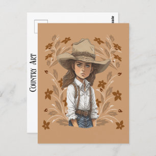 Country Art Cowgirl Cowboy Hat Pose With Flowers Postcard