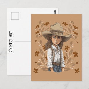 Country Art Cowgirl Cowboy Hat Pose With Flowers Postcard