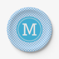 Country Baby Blue Gingham Personalize Monogram Paper Plate