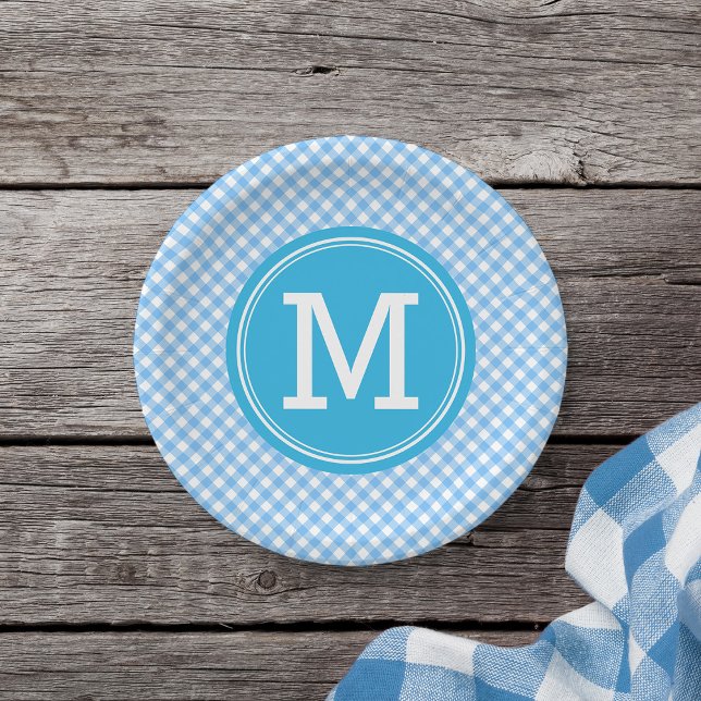 Country Baby Blue Gingham Personalize Monogram Paper Plates (Creator Uploaded)