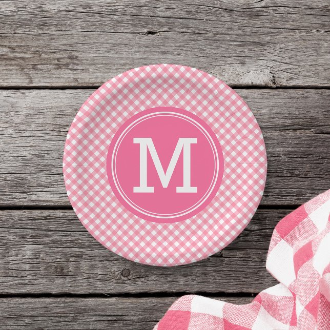 Country Baby Pink Gingham Personalize Monogram Paper Plates (Creator Uploaded)