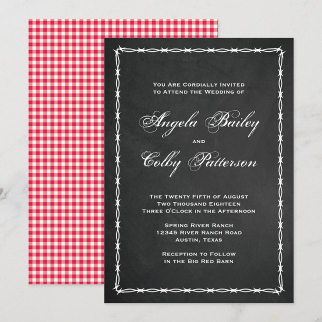 Country Barbed Wire on Chalkboard Invitation (Front/Back)