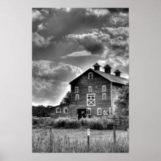 Country Barn Clouds in Black and White Poster