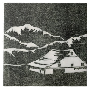 Country barn in white on black background print ceramic tile