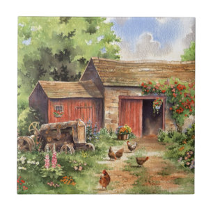 "Country Barn" Rustic Barnyard Scene Ceramic Tile