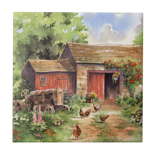 "Country Barn" Rustic Barnyard Scene Ceramic Tile (Front)