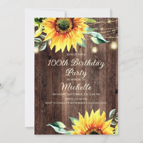 Country Barn String Light Sunflower 100th Birthday Invitation