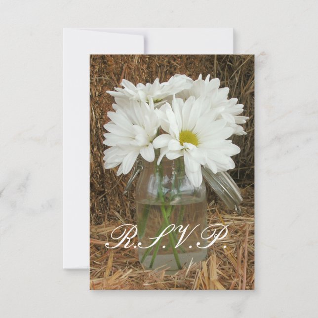 Country / Barn Wedding RSVP - Daisies in Mason Jar (Front)