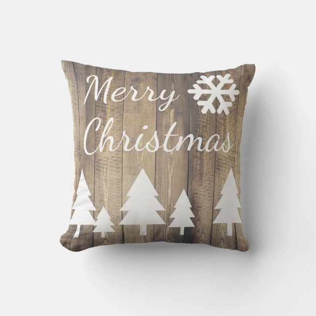 Country Barn Wood Christmas Trees Merry Christmas Throw Pillow (Front)