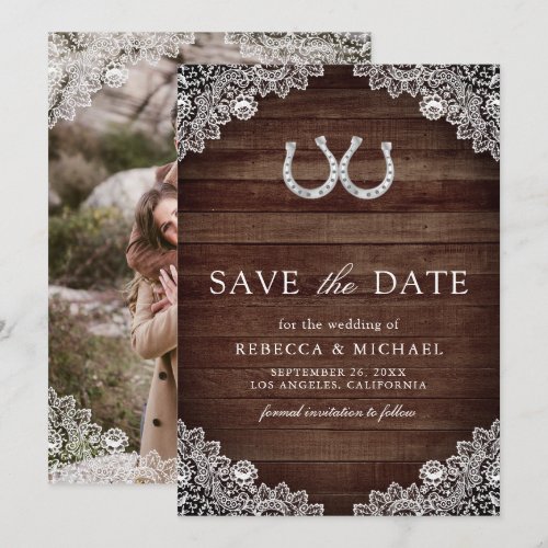Country Barn Wood Horseshoe Lace Photo Wedding Save The Date