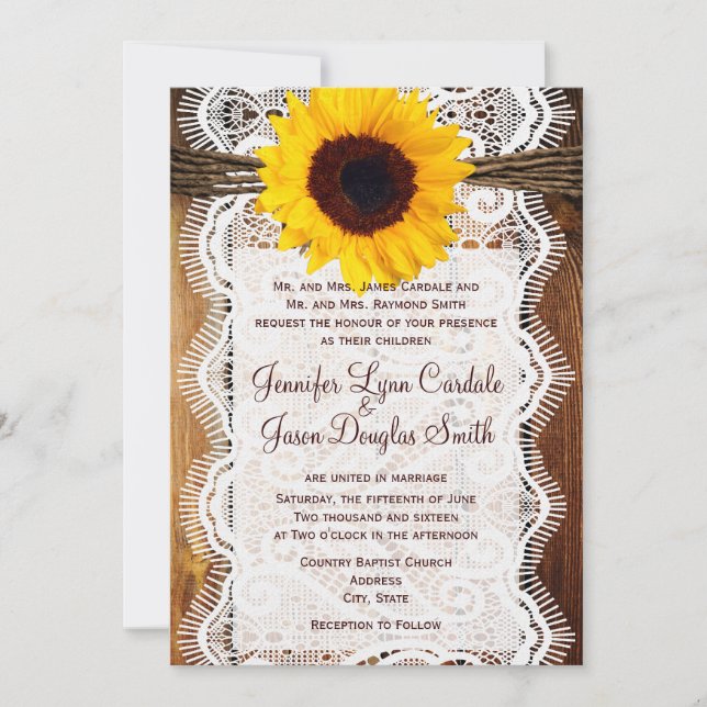 Country Barn Wood Lace Sunflower Wedding Invites (Front)