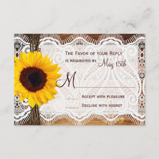 Country Barn Wood Lace Sunflower Wedding RSVP Card