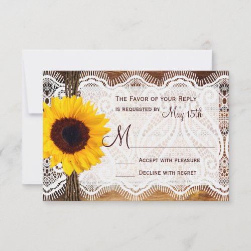 Country Barn Wood Lace Sunflower Wedding RSVP Card